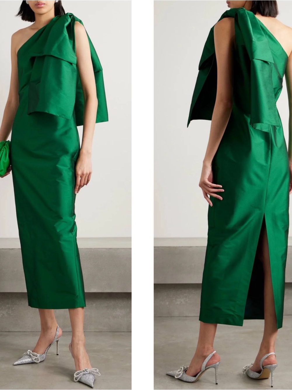 BERNADETTE Josselin One Shoulder Taffeta Draped Bow Green Midi Dress Size 6